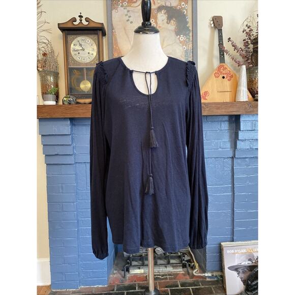 LAUREN Ralph Shirt L LINEN blend Popover Navy Tunic Balloon Sleeve Cottage - Picture 1 of 16